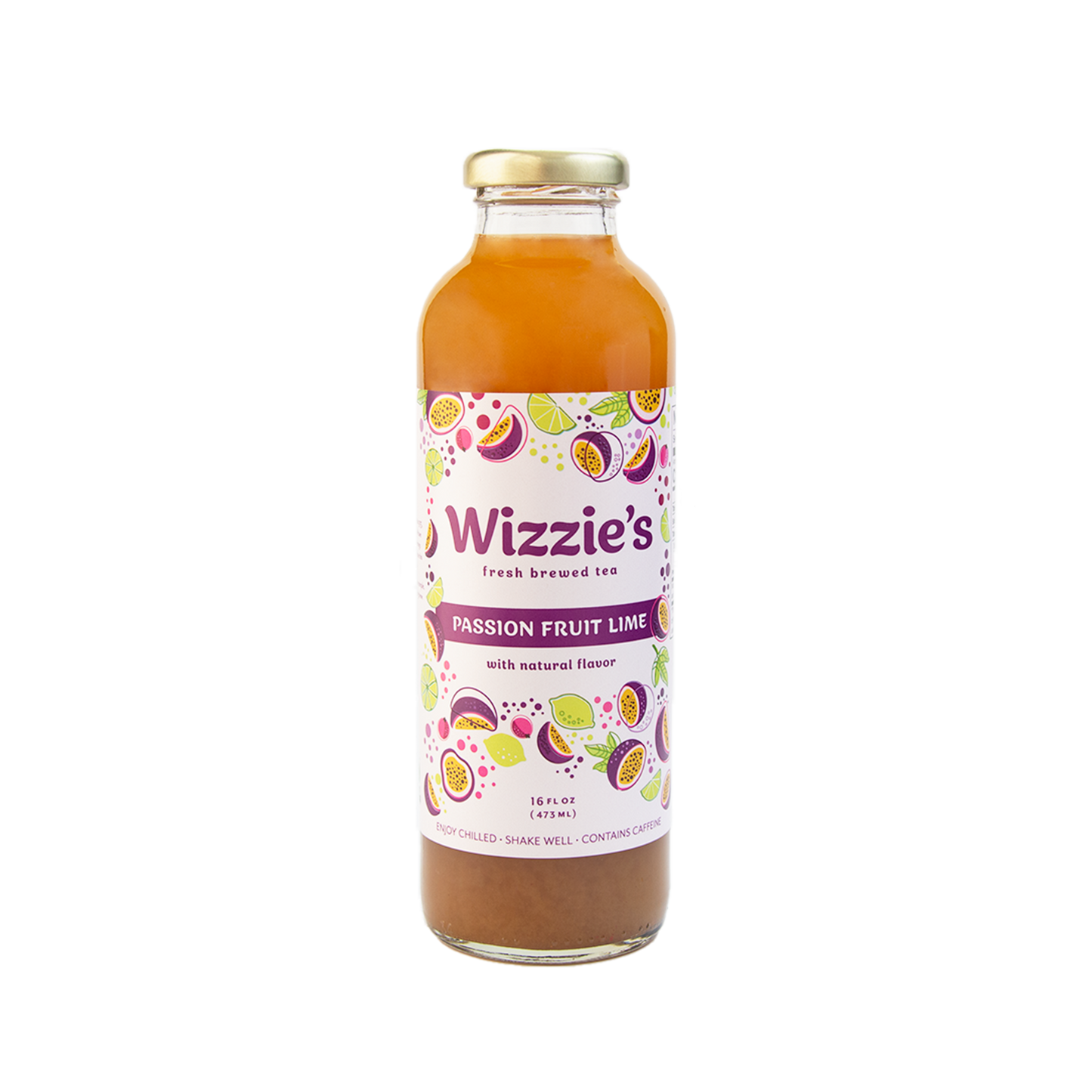 Glass bottle of Wizzie's Passion Fruit Lime tea with limes and passionfruits on a white label.