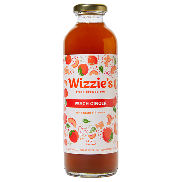 Glass Wizzie's Peach Ginger bottle with peaches and ginger clusters on a white label.