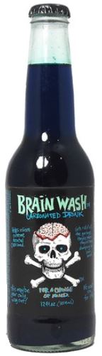 Bottle of Skeleteen's Blue Brain Wash Soda with skull and crossbones design on label